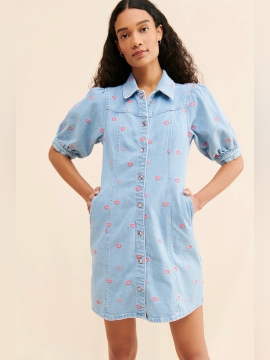 Cras Dresses & Skirts - Crās Patti Denim Mini Dress Light Blue Pink Hearts size XL 🩷